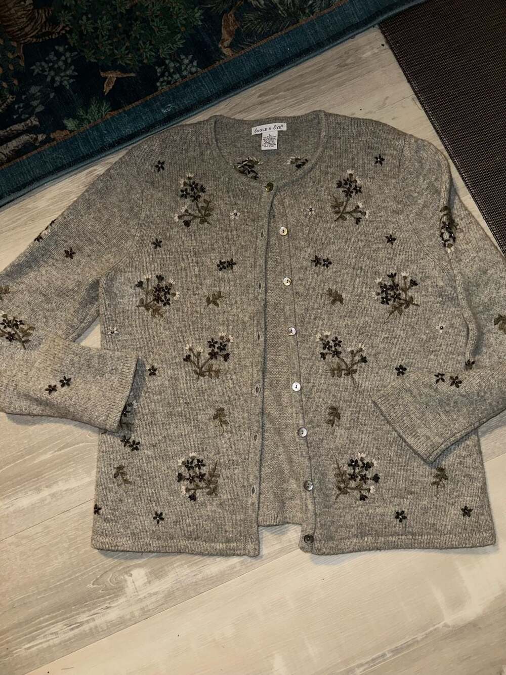 Eagle's Eye Embroidered Beaded Cardigan Size L Gray Wool